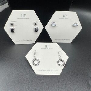 Mini Lot 3 Pairs Bomb Party Earrings Black Onyx CZ Opal Hematite Rhodium Plated